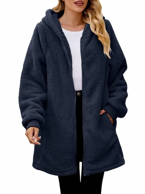 Fuzzy Pocketed Zip Up Long Sleeve Hooded Jacket Hot Pick Deal Today Only Savings