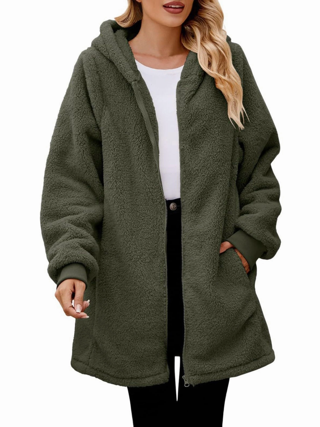 Last Chance Steal Fuzzy Pocketed Zip Up Long Sleeve Hooded Jacket