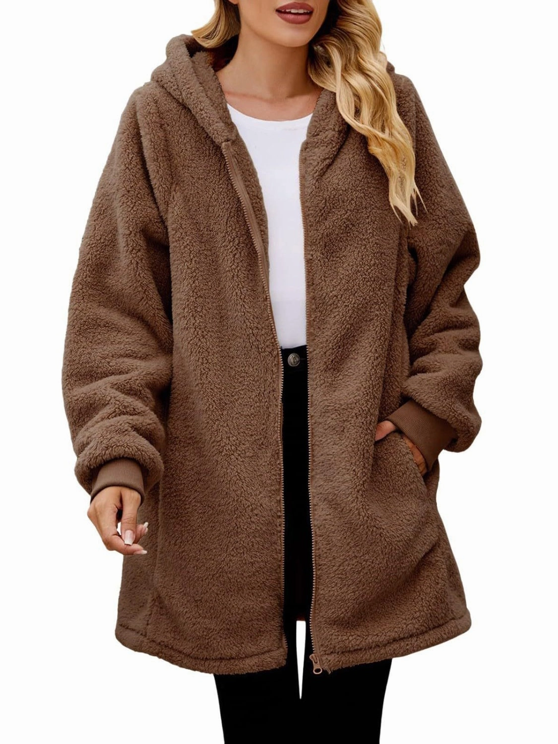 Fuzzy Pocketed Zip Up Long Sleeve Hooded Jacket Hot Discount Deal Limited Time Offer