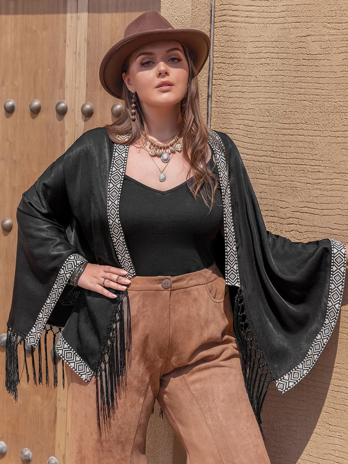 Big Price Drop Plus Size Geometric Open Front Fringe Hem Cardigan