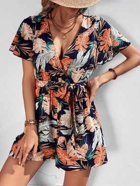 Honey Botanical Print Surplice Neck Tie Waist Romper Daily Hot Deal Shop Grab Now