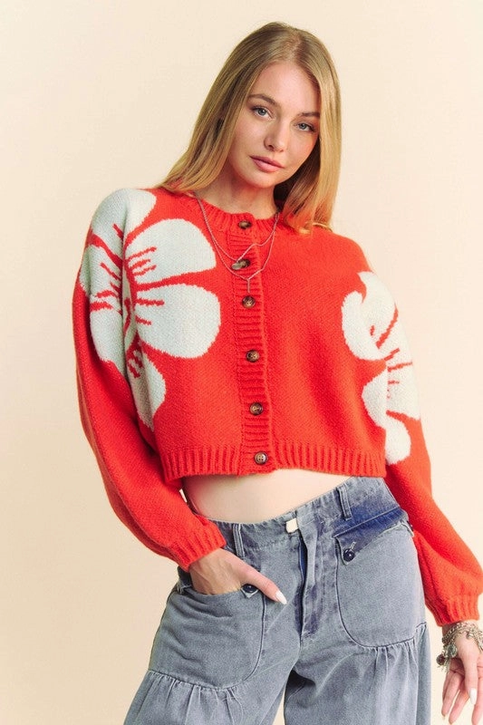 Limited Stock Alert Deal of the Day Davi & Dani Flower Contrast Round Neck Long Sleeve Cardigan