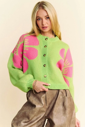 Davi & Dani Flower Contrast Round Neck Long Sleeve Cardigan Hot Deal Alert Trending Savings Now