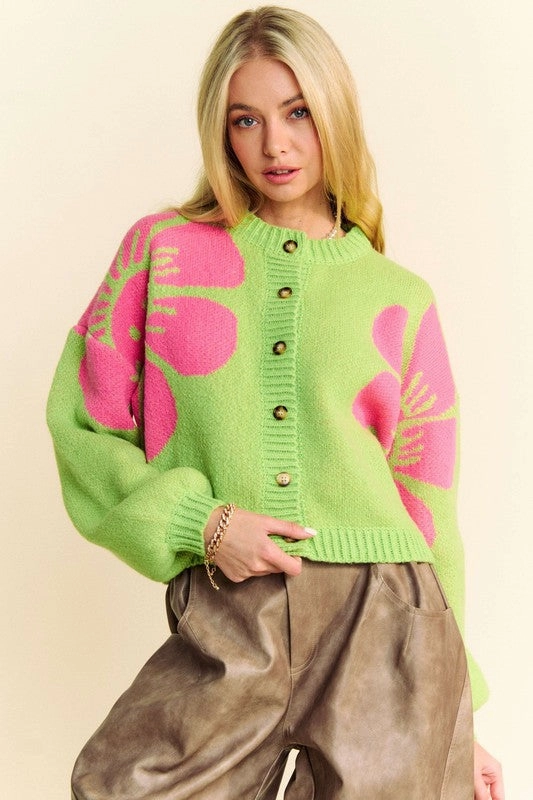 Davi & Dani Flower Contrast Round Neck Long Sleeve Cardigan Hot Deal Alert Trending Savings Now