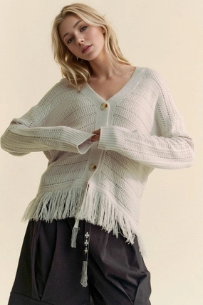 Davi & Dani Fringe V-Neck Button Up Long Sleeve Cardigan Gift Ideas Galore Hot Offer Frenzy