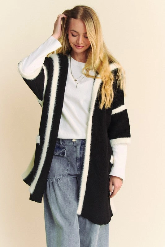 Grab Todays Deal Davi & Dani Fuzzy Trim Open Front Loose Fit Cardigan