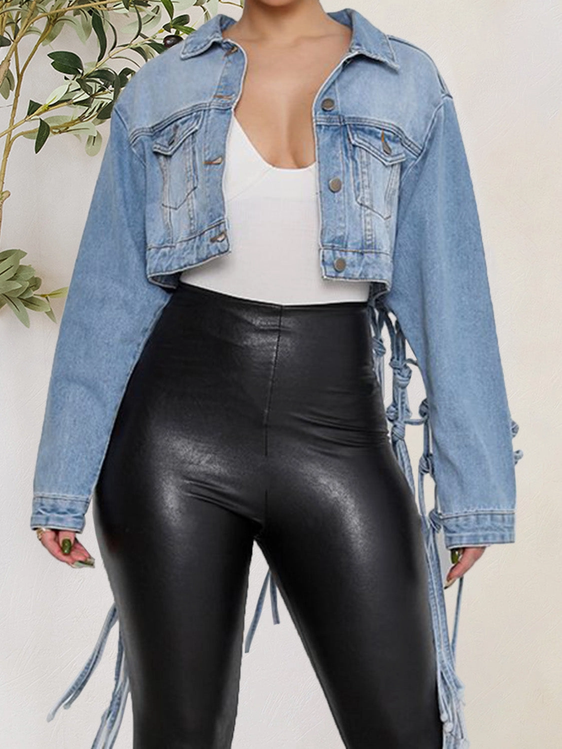 Tie Detail Button Up Denim Jacket With Pockets Trending Hot Picks Special Occasion Discount