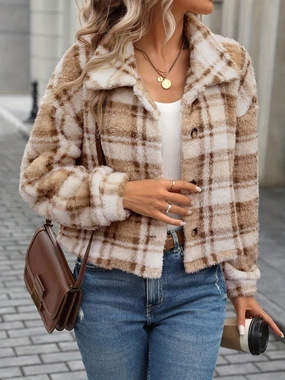 Plaid Button Up Collared Neck Long Sleeve Jacket Grab the Deal Now