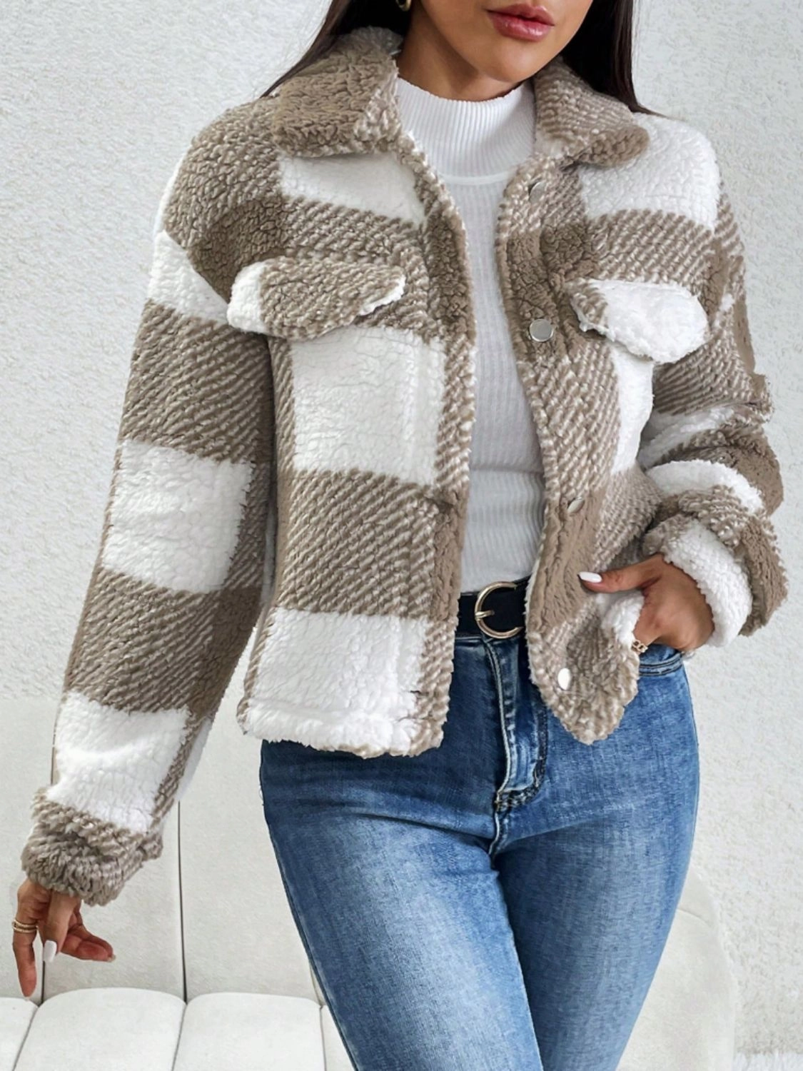 Decorative Pocket Flap Plaid Long Sleeve Jacket Shop Save Today Hot Sale Frenzy