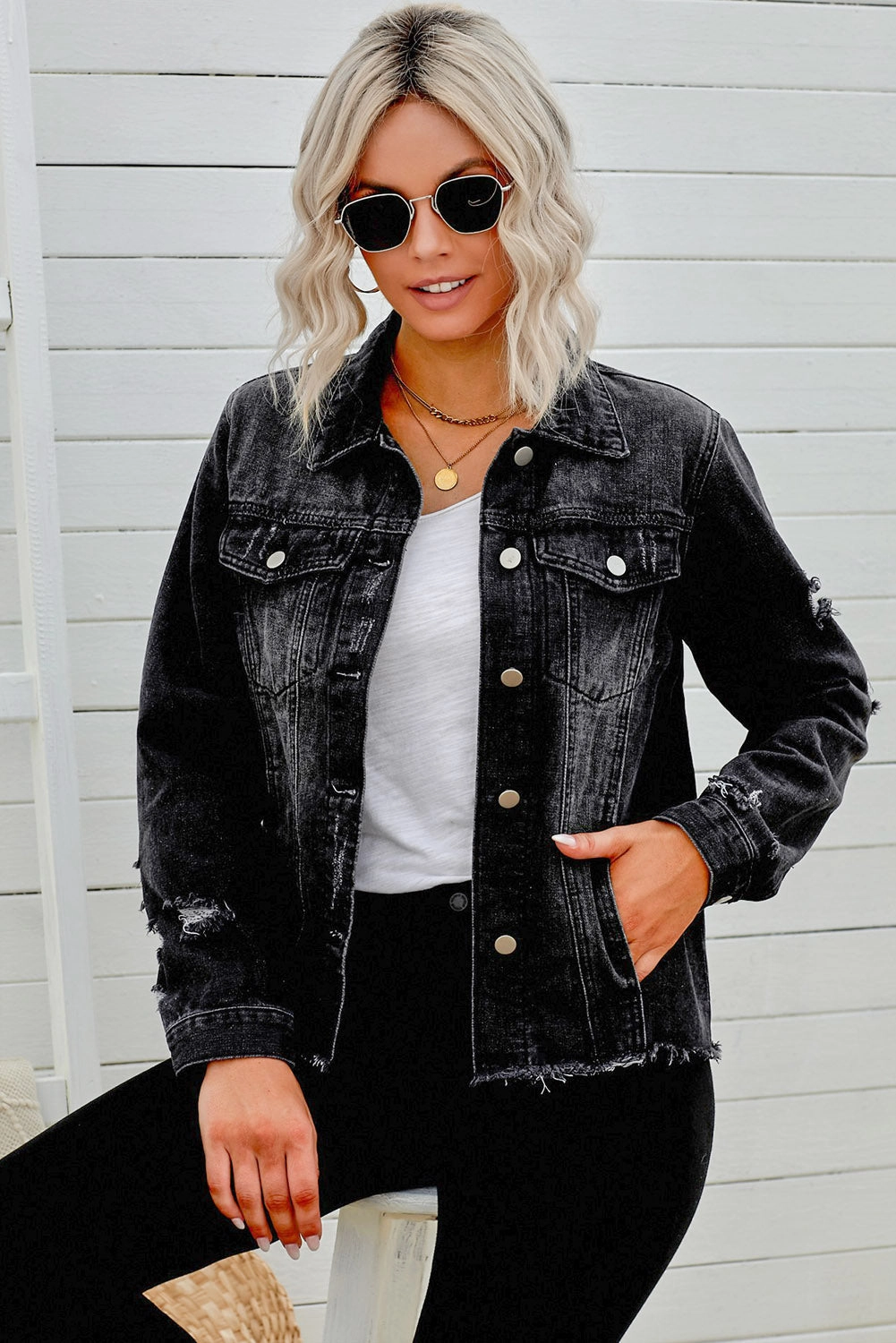 Hot Clearance Now Big Savings Event Distressed Raw Hem Denim Jacket