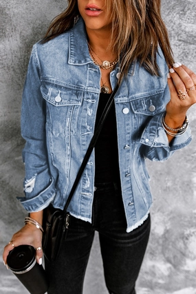 Big Savings Event Clearance Blowout Distressed Raw Hem Denim Jacket