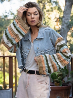 Weekend Specials Distressed Striped Long Sleeve Denim Jacket