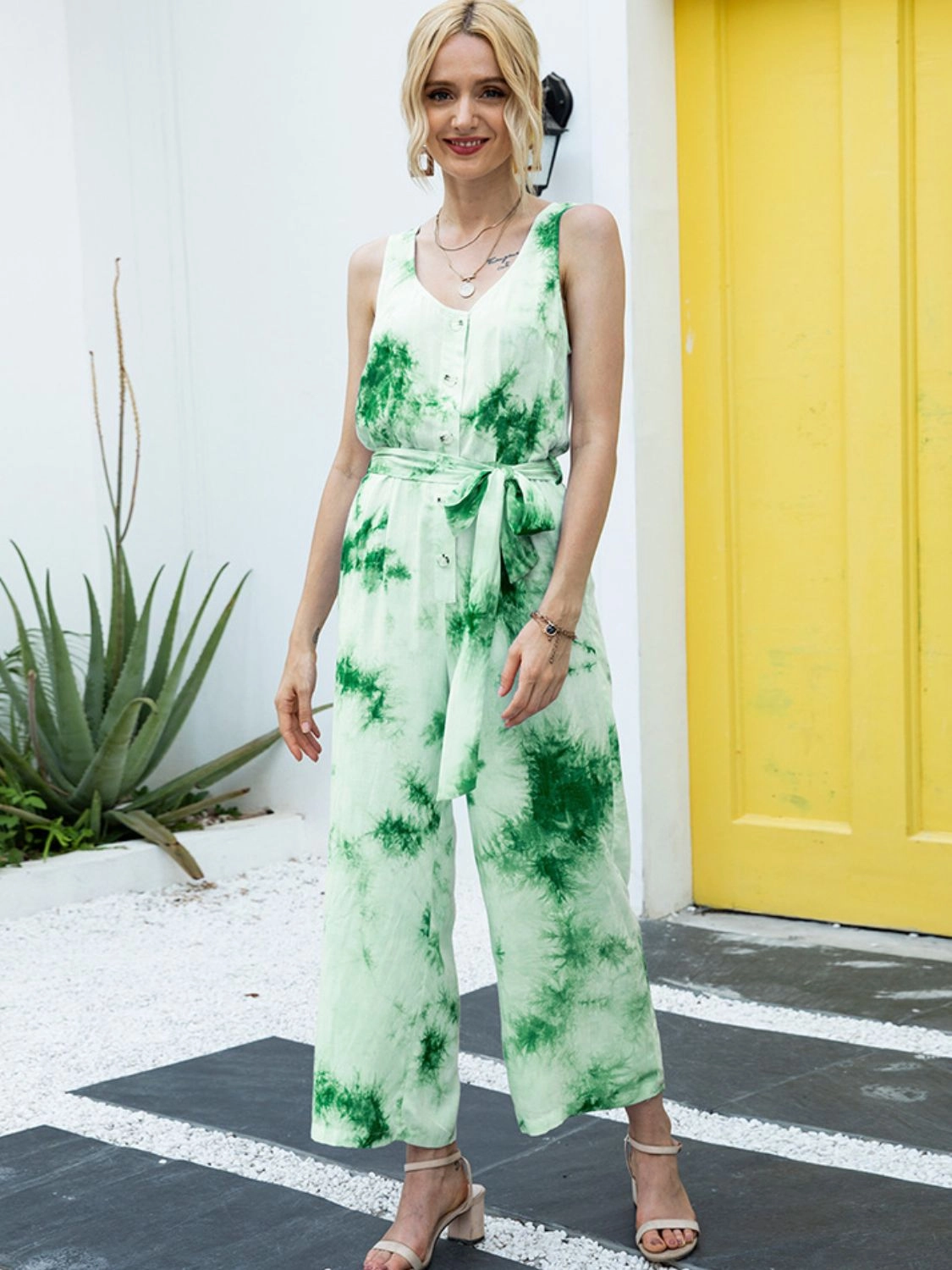 Best Seller Deal Big Price Drop Ivy Lane Tie-Dye Tie Waist Sleeveless Jumpsuit