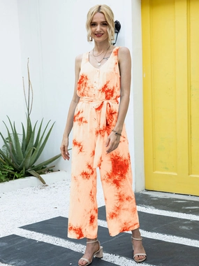 MustHave Clearance Gift Sale Event Ivy Lane Tie-Dye Tie Waist Sleeveless Jumpsuit