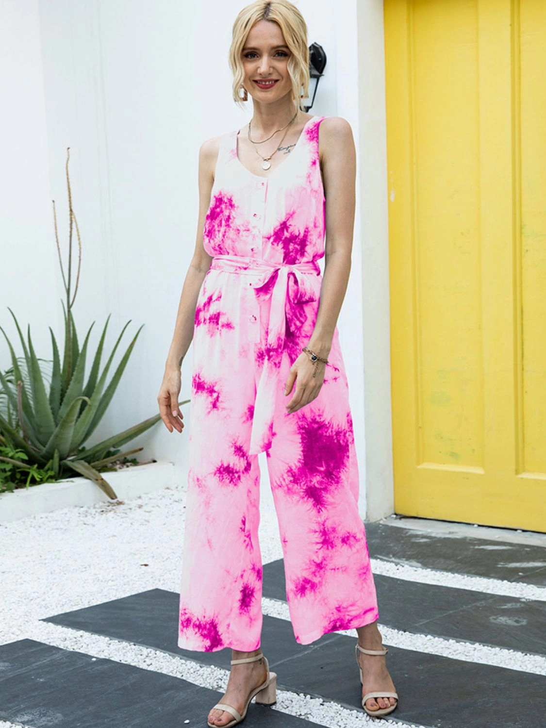 Ivy Lane Tie-Dye Tie Waist Sleeveless Jumpsuit Special Offer Inside Todays Trending Deals