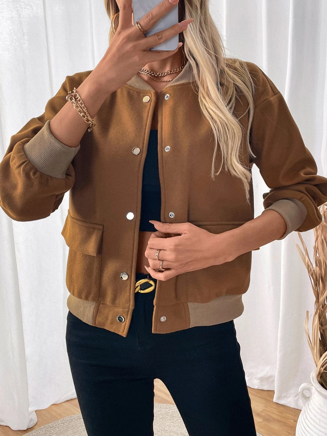 Price Drop Alert Hot Pick Online Perfee Baseball Collar Snap Down Long Sleeve Jacket