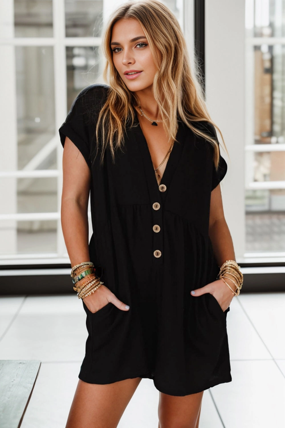Pocketed V-Neck Short Sleeve Romper Hot Sale Today