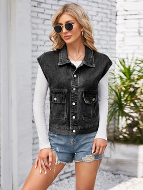 Cap Sleeve Denim Jacket With Pockets Daily Hot Deal
