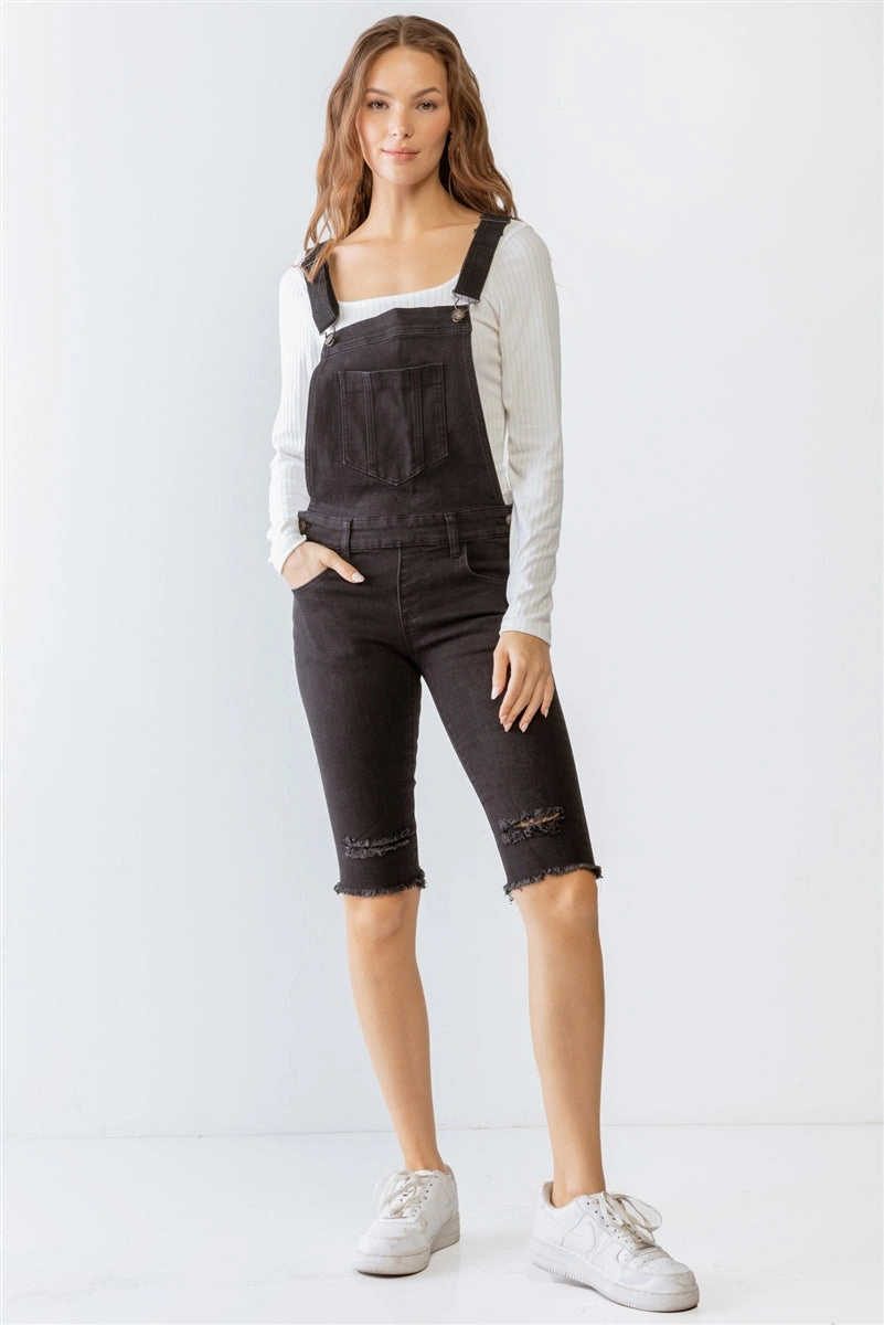 Black Denim Distressed Detail Raw Hem Cropped Bermuda Overall Today Only Special