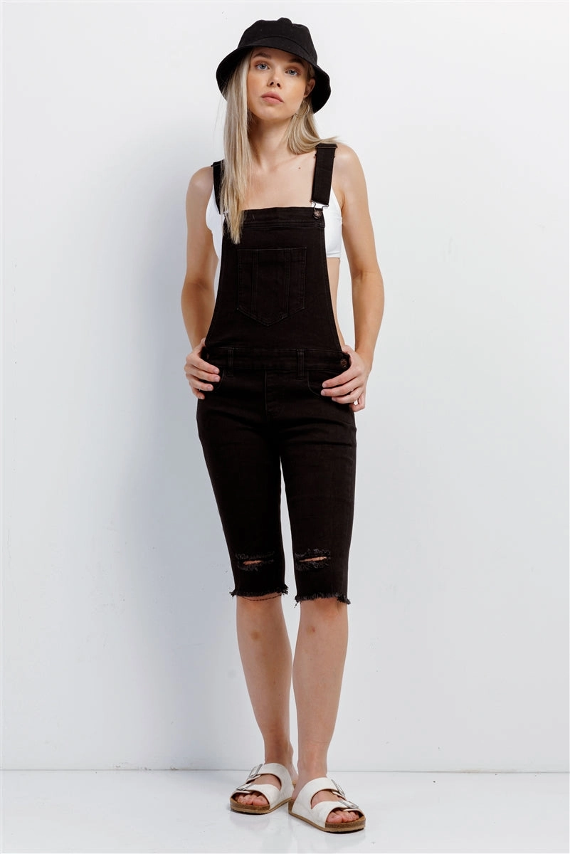 Black Denim Distressed Detail Raw Hem Cropped Bermuda Overall Price Drop Today