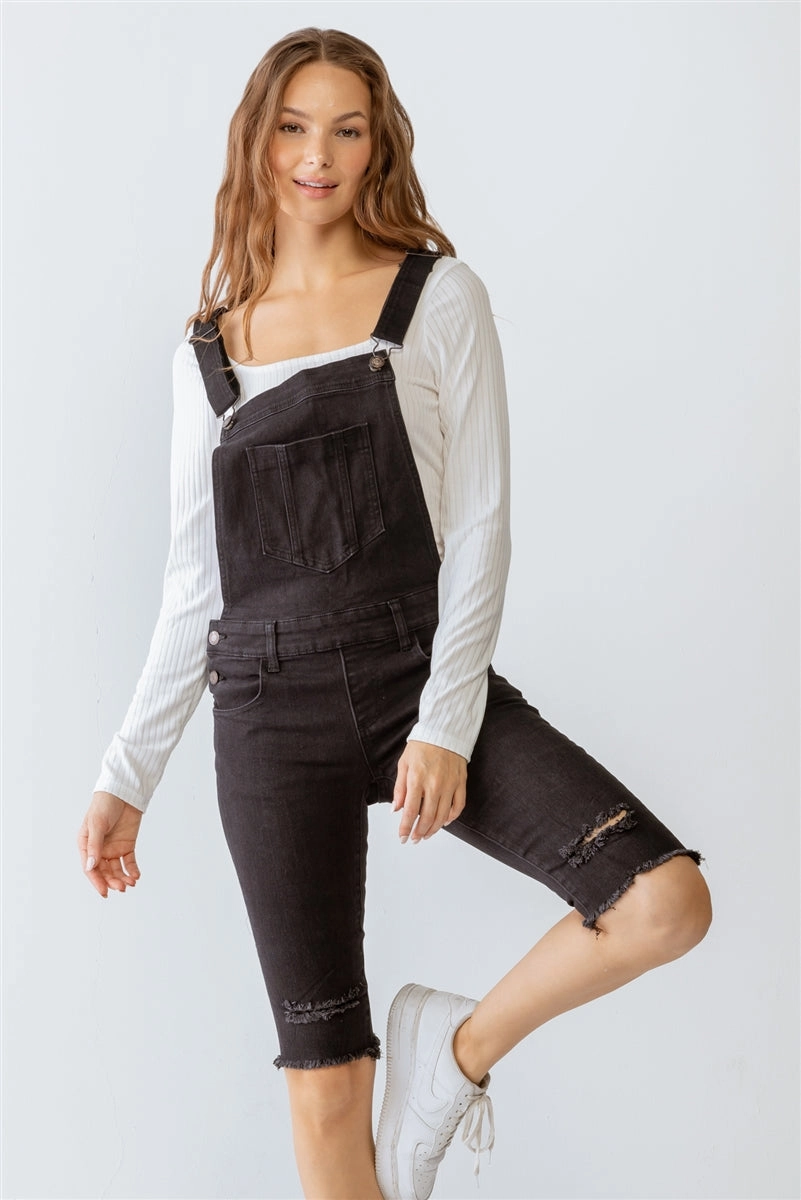 Black Denim Distressed Detail Raw Hem Cropped Bermuda Overall Limited Edition Offer