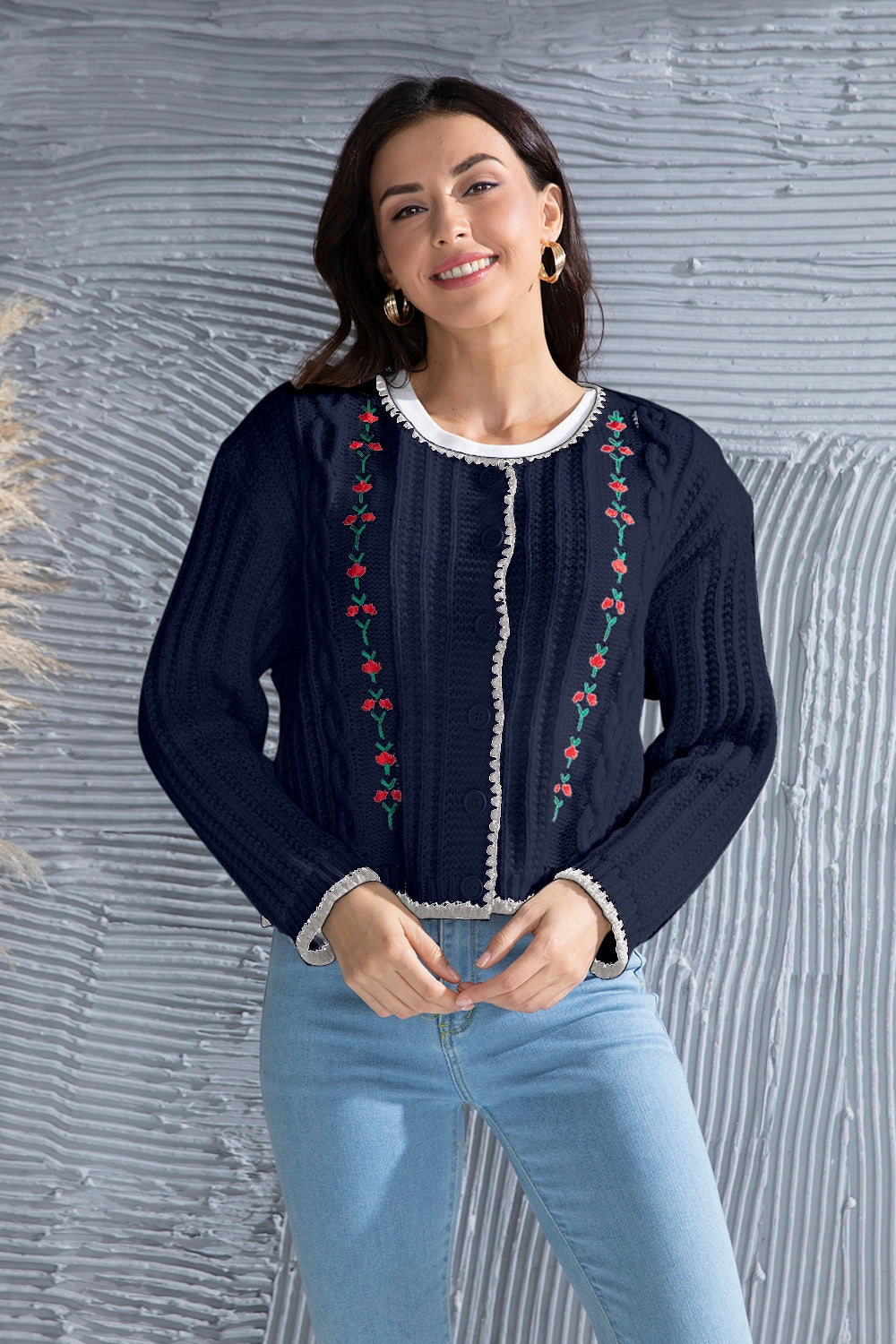 Graphic Cable-Knit Button Up Cardigan Clearance Event Today