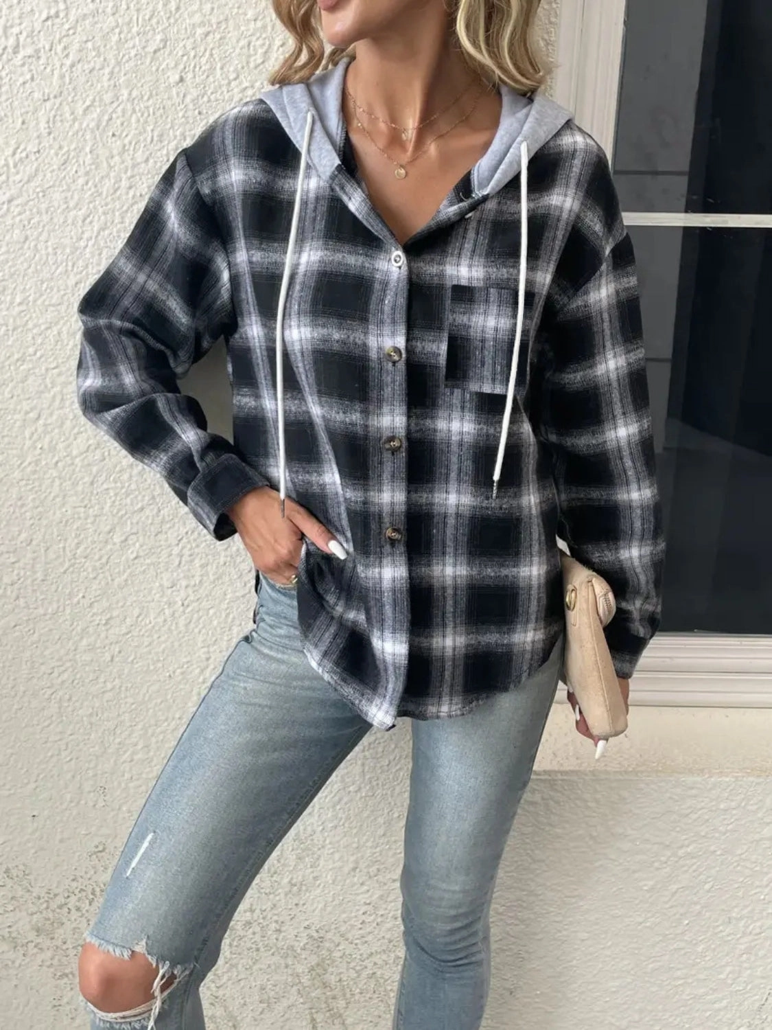 Today Only Savings Plaid Drawstring Button Up Hooded Jacket