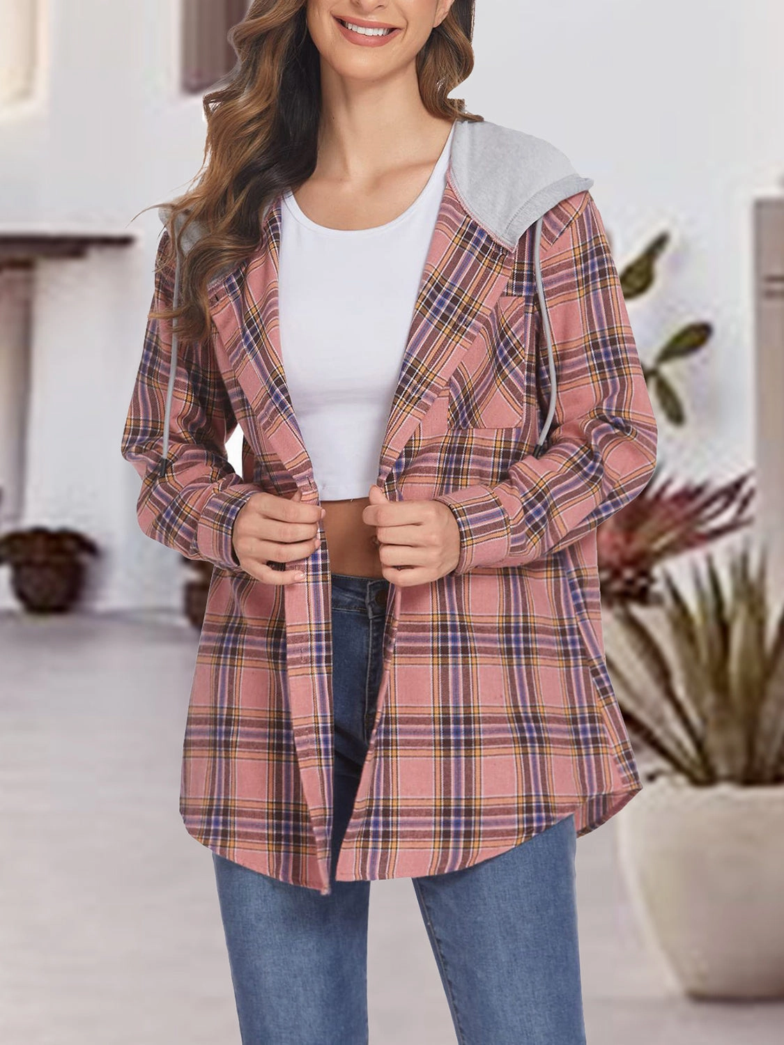Instant Discount Online Exclusive Savings Plaid Drawstring Button Up Hooded Jacket