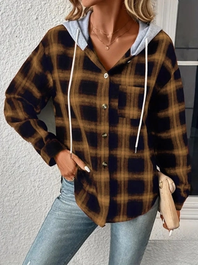 Plaid Drawstring Button Up Hooded Jacket Todays Trending Deals