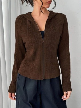 EndofWeek Deals Texture Zip Up Long Sleeve Hooded Outerwear