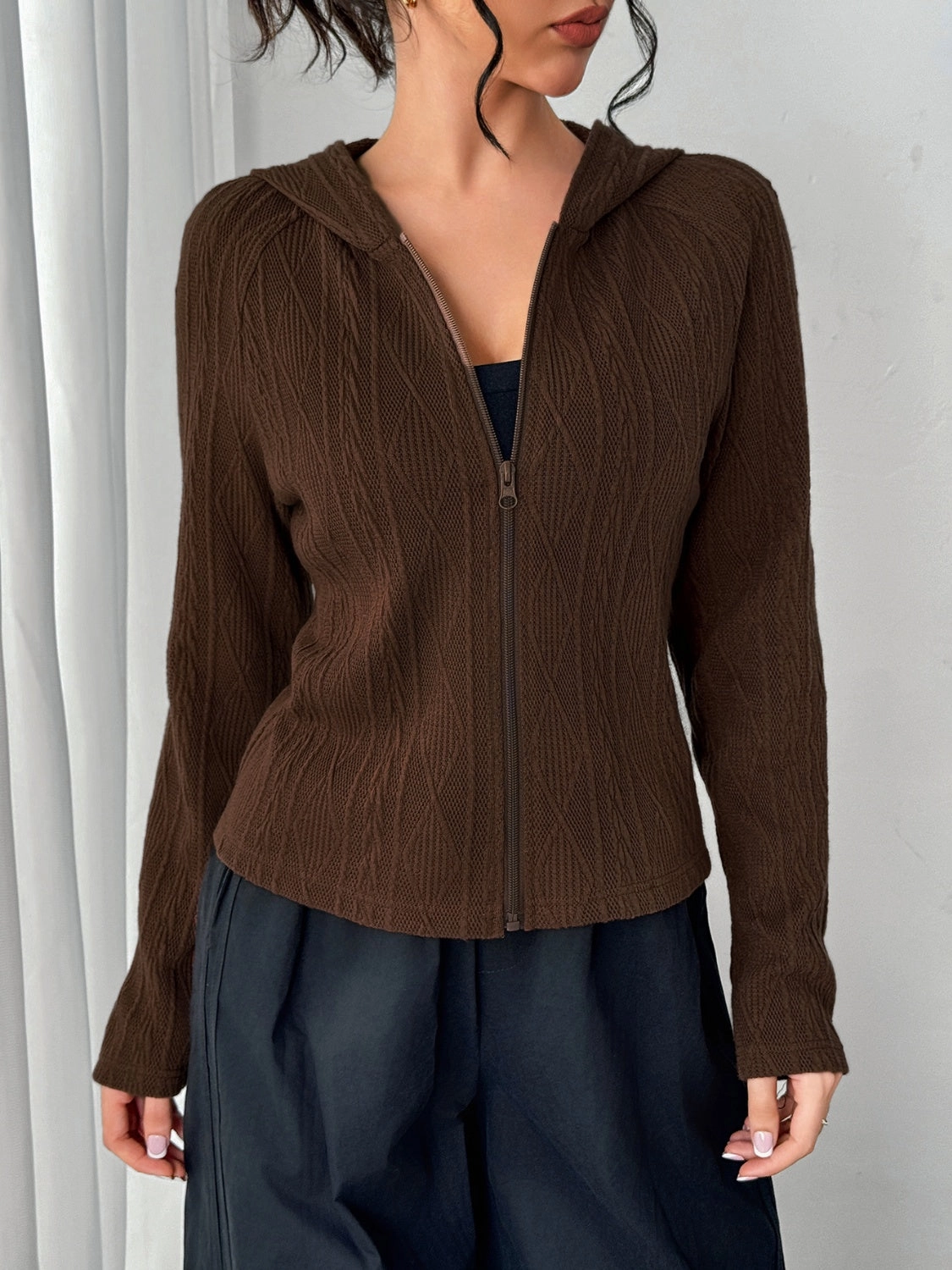 Online Exclusive Deal Texture Zip Up Long Sleeve Hooded Outerwear
