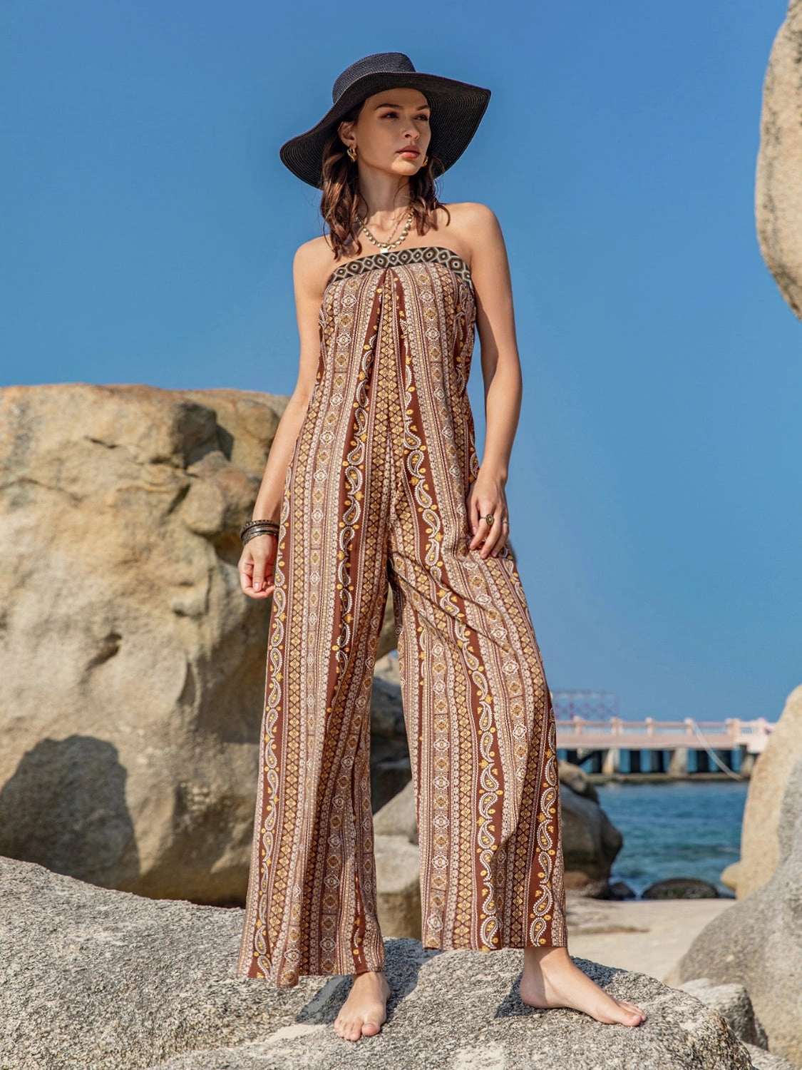 Price Drop Frenzy Grab Your Hot Pick Tied Printed Tube Wide Leg Jumpsuit