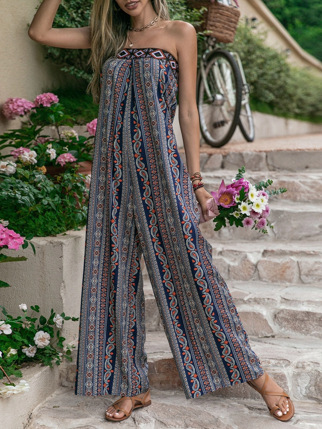 Tied Printed Tube Wide Leg Jumpsuit Clearance Sale