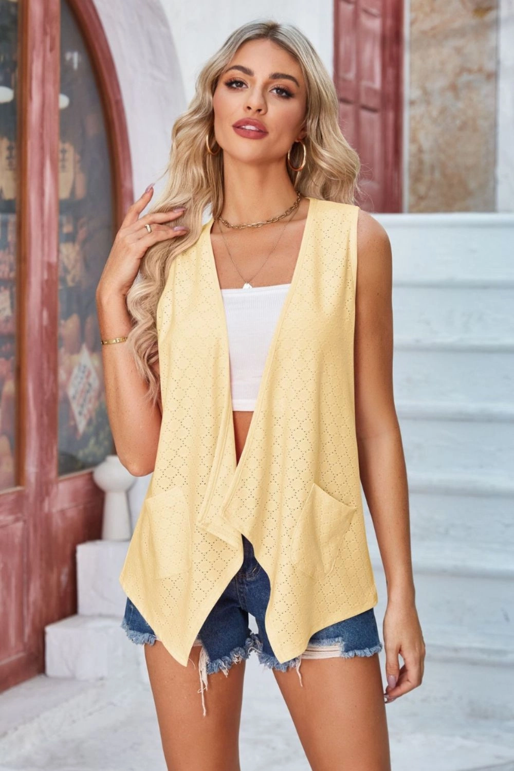 Shop Smart Deals Eyelet Open Front Sleeveless Cardigan