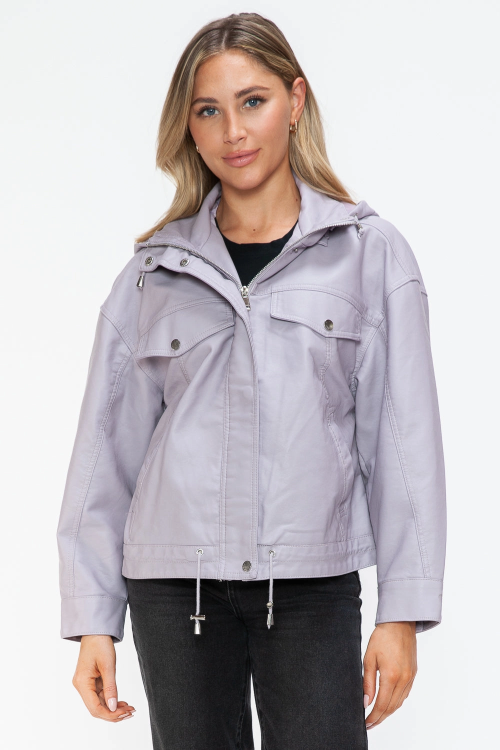 Shop Save Big Clearance Blowout How Dare U Drawstring Hem Pu Leather Zip Up Jacket
