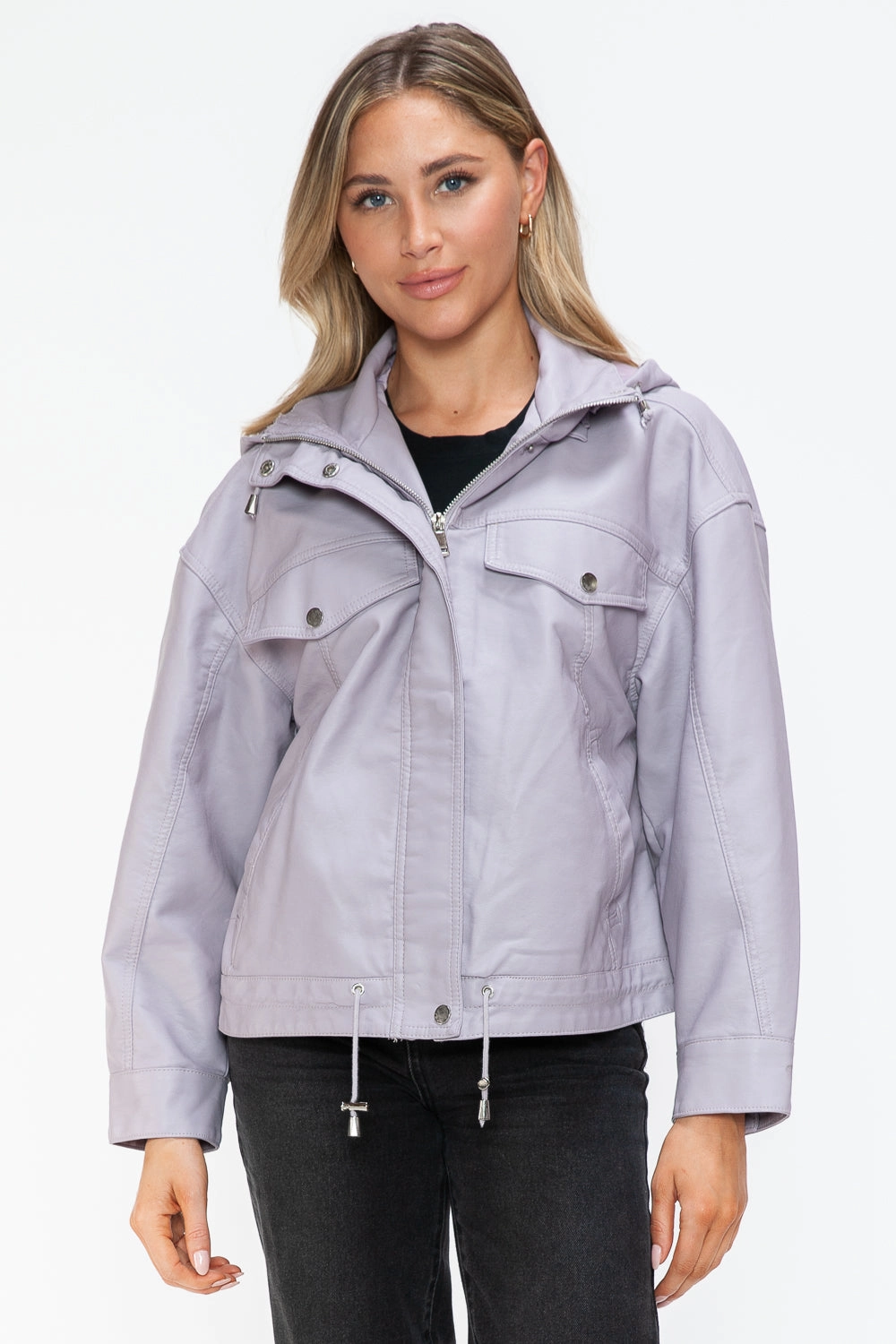 How Dare U Drawstring Hem Pu Leather Zip Up Jacket Best Seller Deal