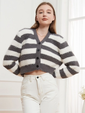 Button Down V-Neck Striped Cardigan Special Deals Online