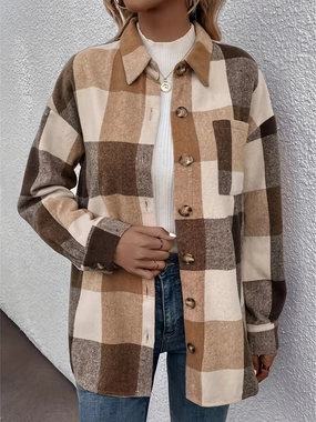 Curved Hem Plaid Collared Neck Shacket Clearance Blowout Price Drop Frenzy