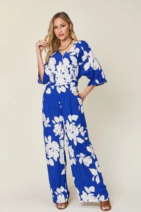 Limited Stock Alert Double Take Full Size Printed Tie Back Wide Leg Jumpsuit