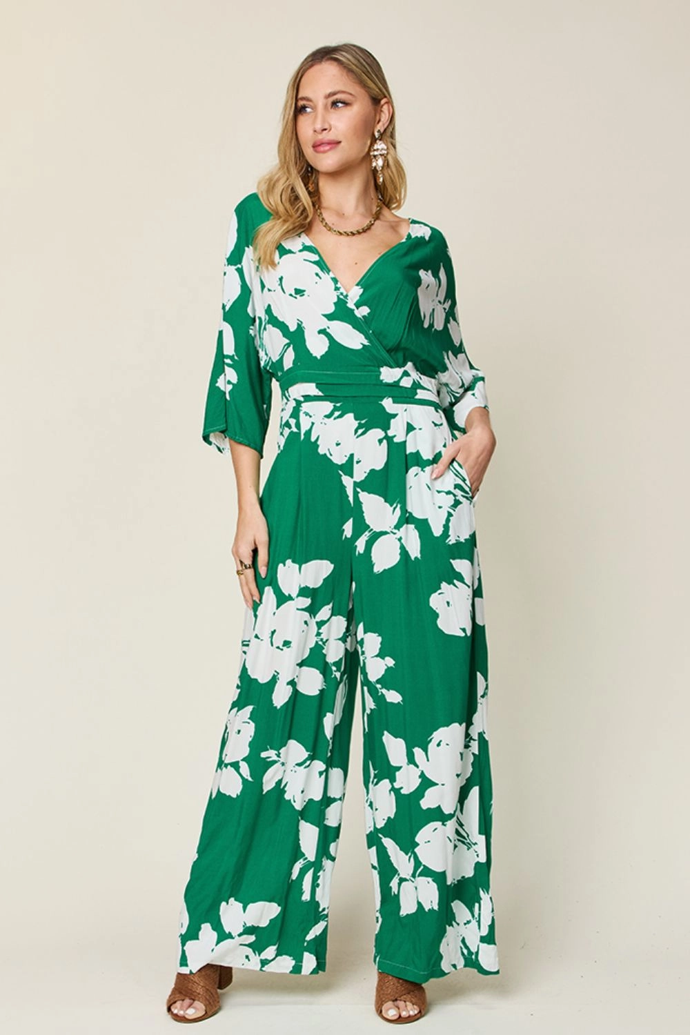 Double Take Full Size Printed Tie Back Wide Leg Jumpsuit Mega Sale Now