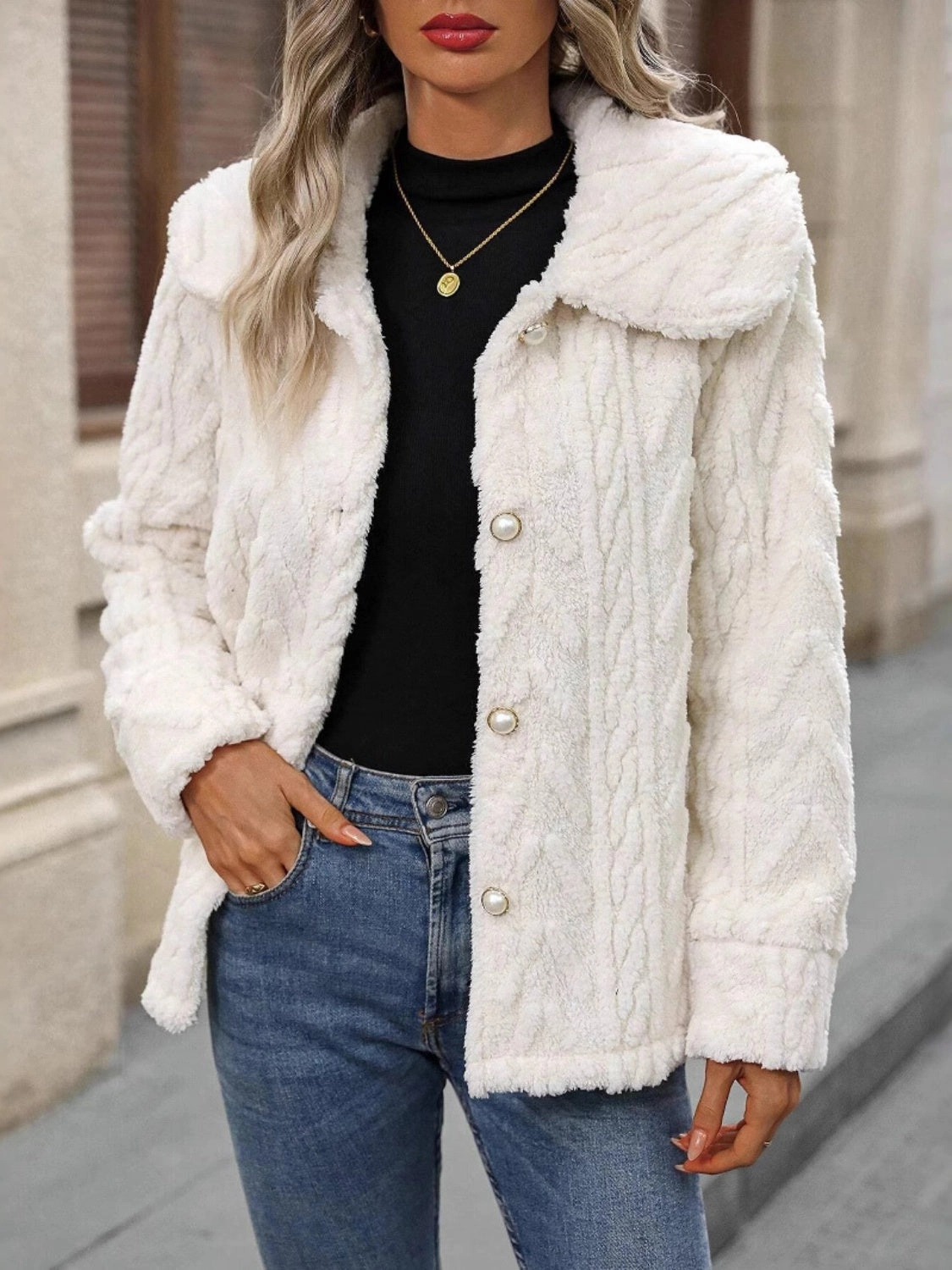 Grab It Now Fuzzy Texture Button Up Collared Neck Coat