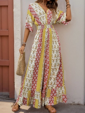 Perfee Ruffled Hem Printed V-Neck Jumpsuit Exclusive Online Deal Special Deal Frenzy