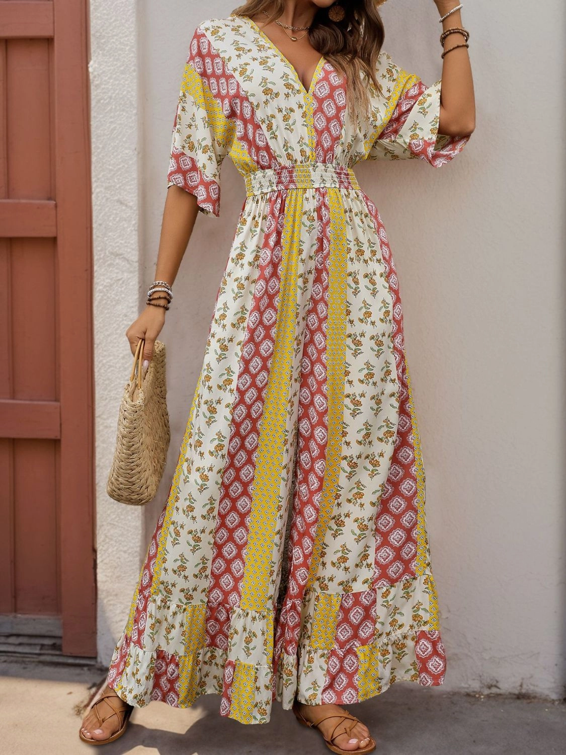 Perfee Ruffled Hem Printed V-Neck Jumpsuit Limited Stock Offer Hot Deal Alert
