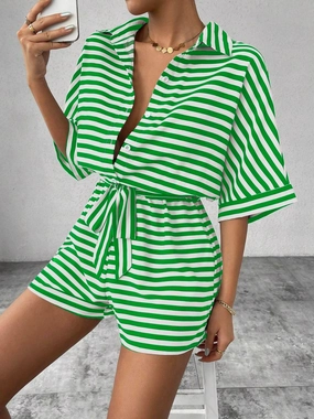 Tie Waist Half Button Striped Romper Trending Now Offer