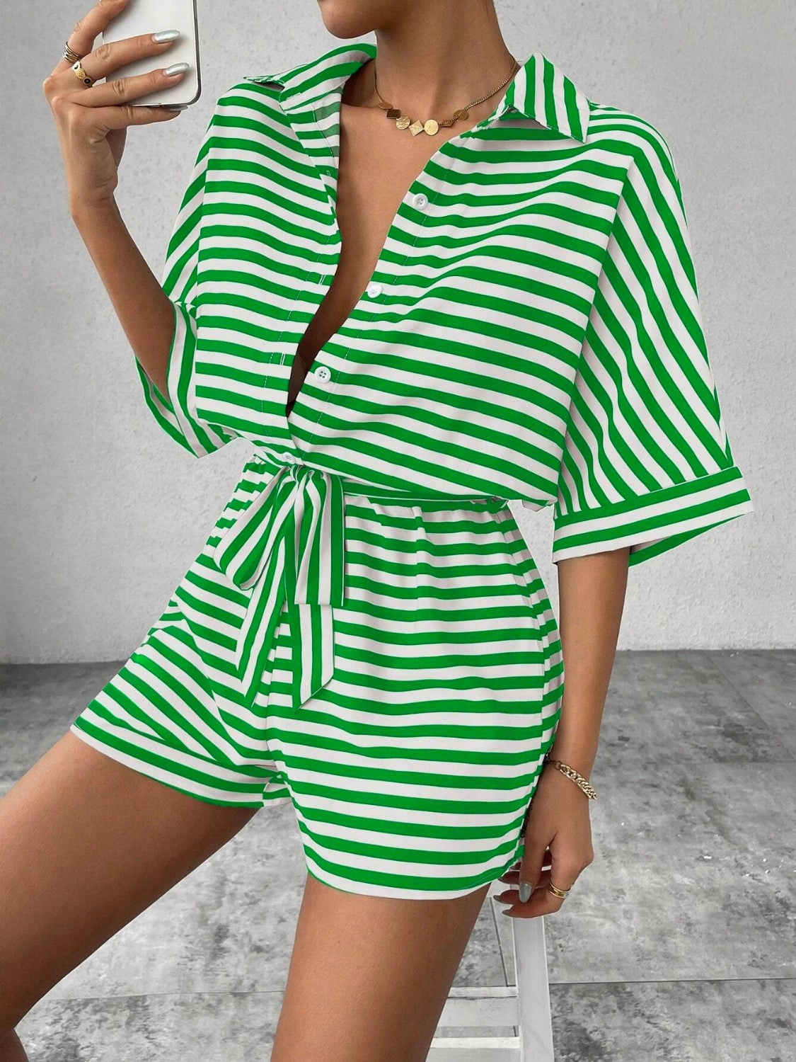 Tie Waist Half Button Striped Romper Today Only Offer Grab It Now