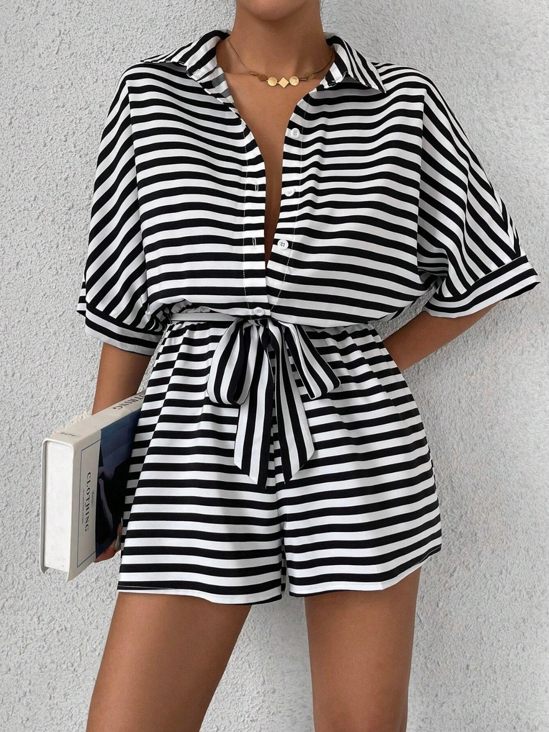 Tie Waist Half Button Striped Romper Grab Todays Deal