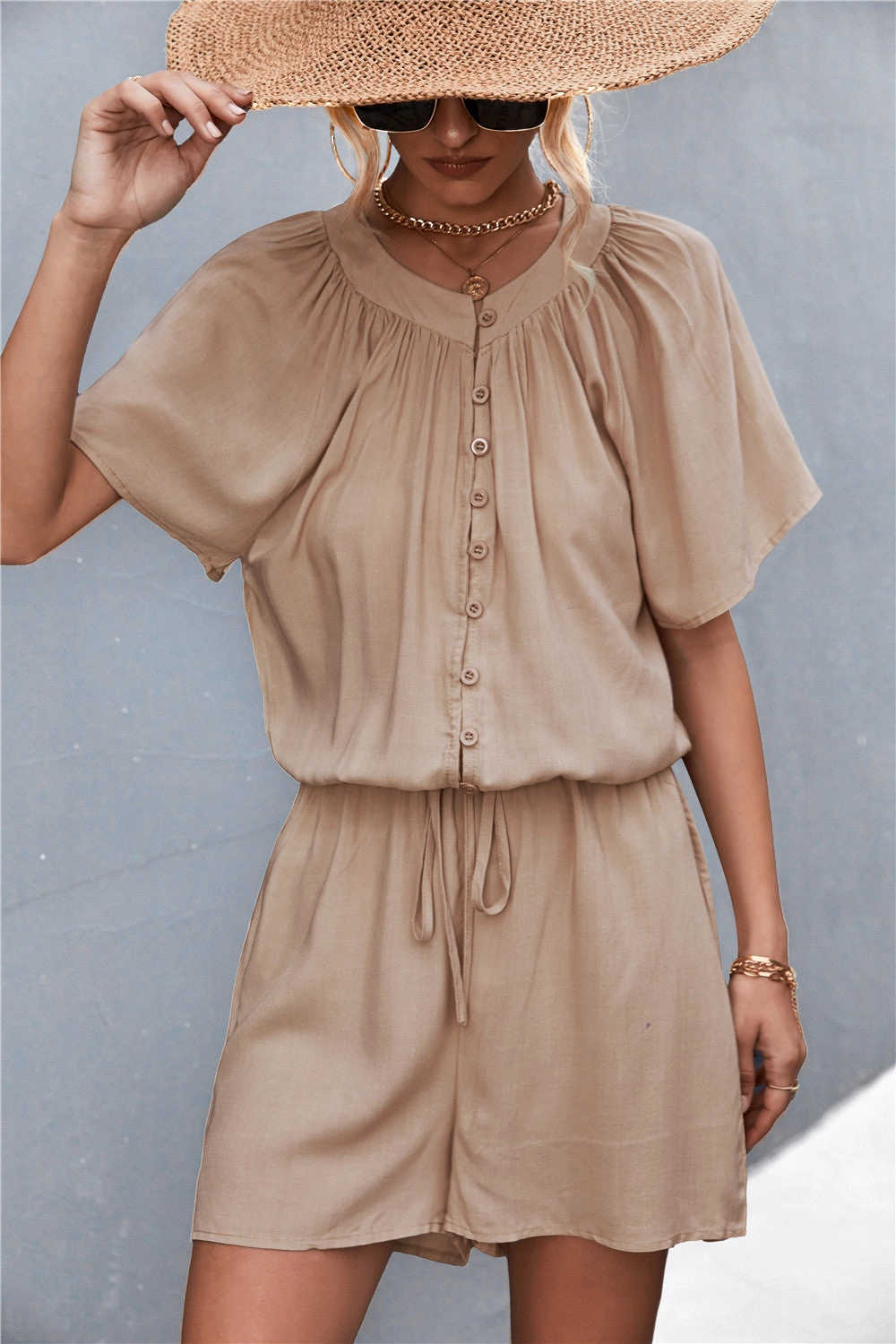 Trending Hot Deal Buttoned Gather Detail Romper