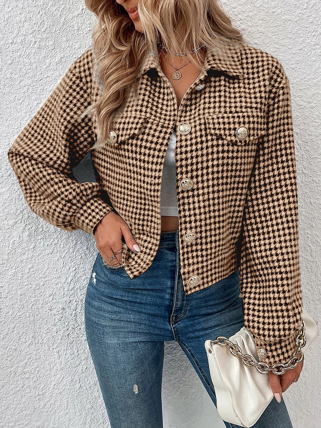Houndstooth Collared Neck Button Up Jacket Clearance Sale Shop Hot Picks