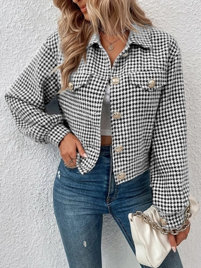 Limited Edition Offer Houndstooth Collared Neck Button Up Jacket