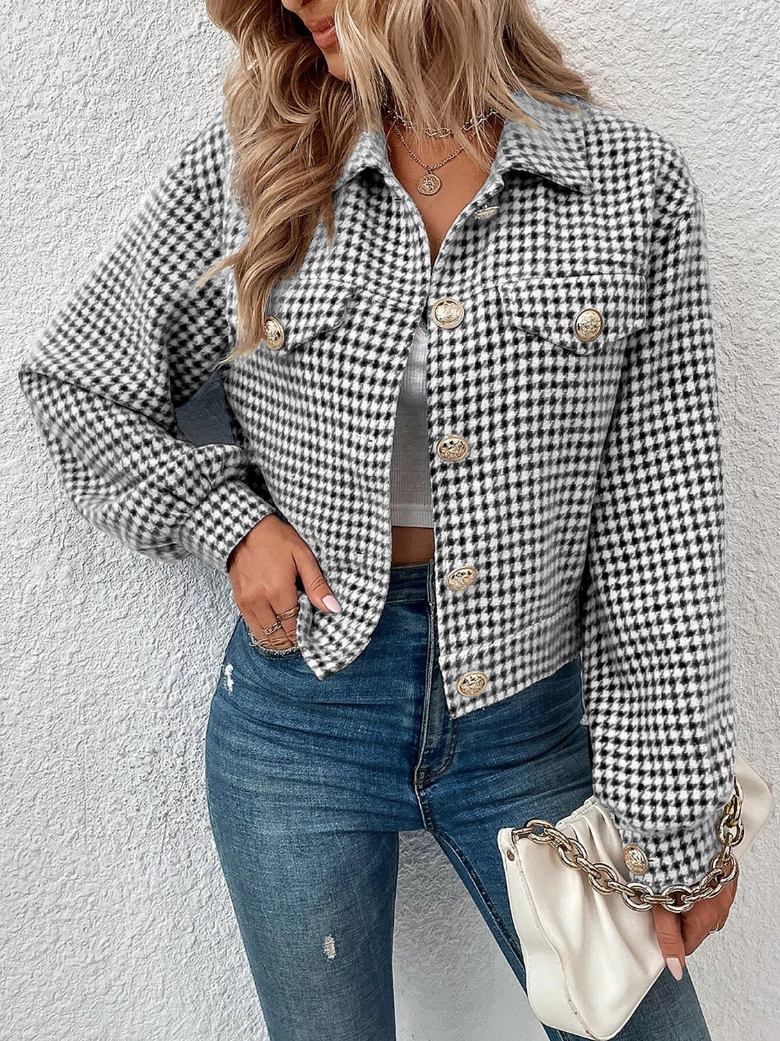 Houndstooth Collared Neck Button Up Jacket Save Today Only Limited Time Offer